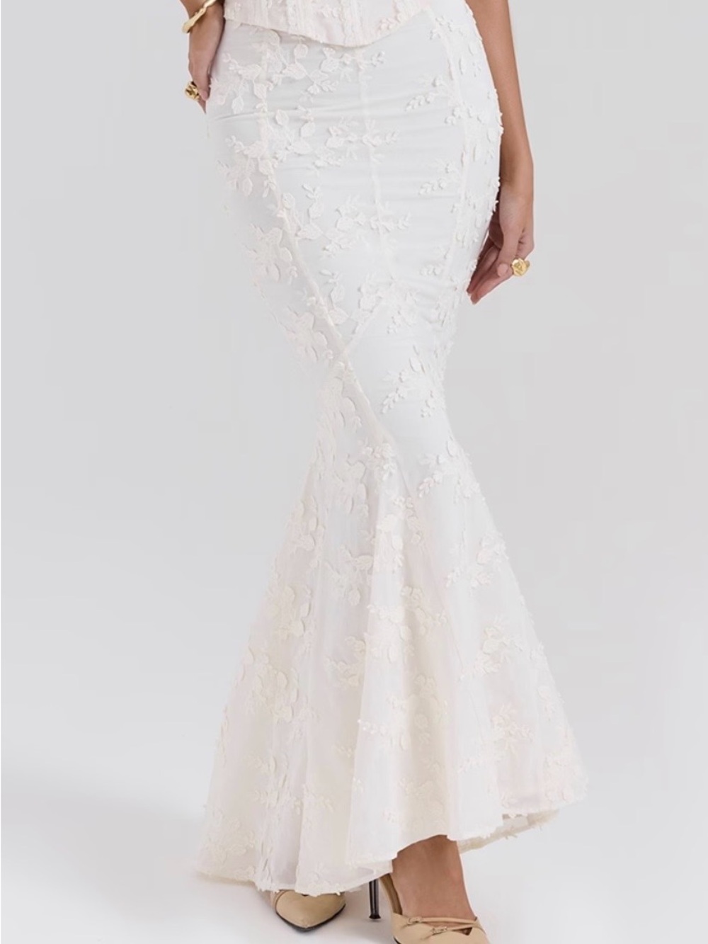 House of CB Off-White Floral Lace Mermaid Maxi Skirt
